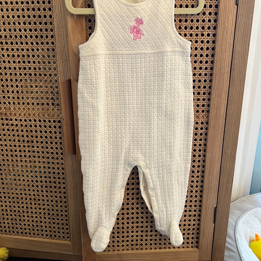 6-9m Cream Quilted Baby Footie with Pink Embroidered flowers